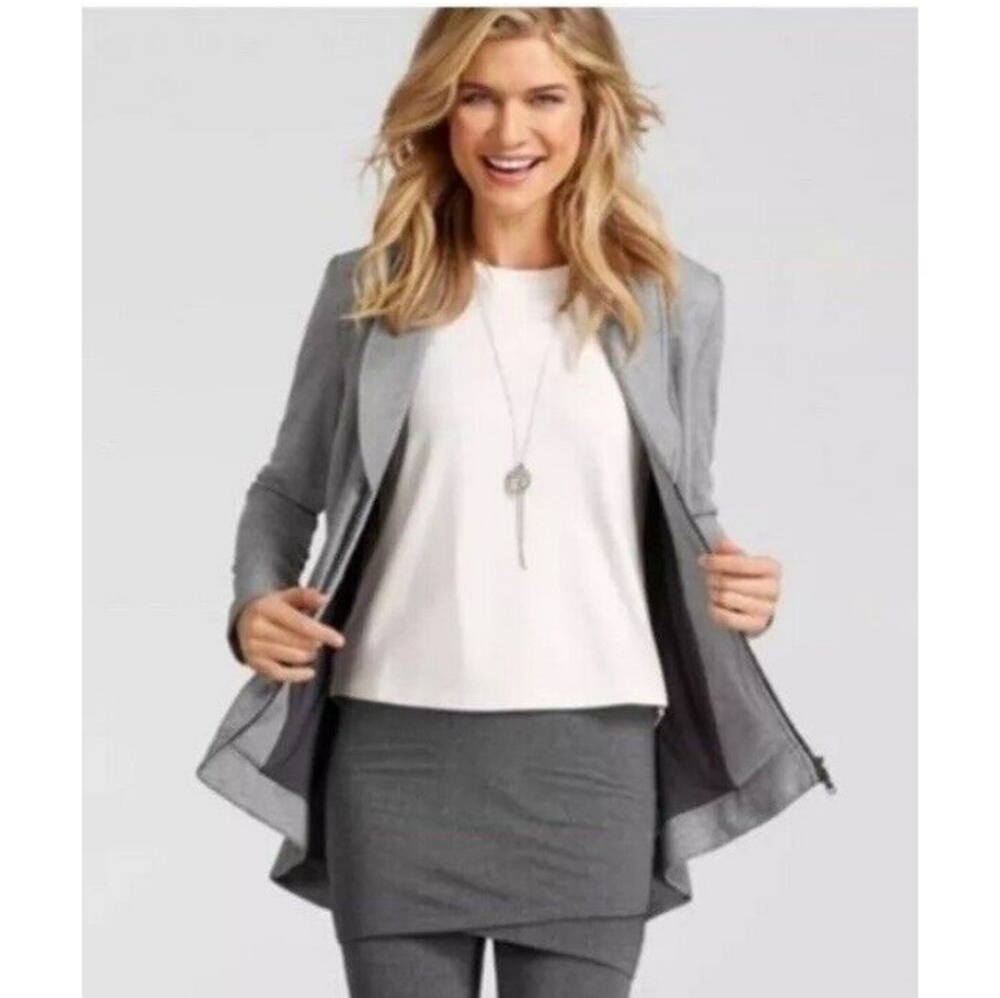 Cabi Drop Off Zip Back Gray Pinstripe Jacket Minimalist Neutral.Throw